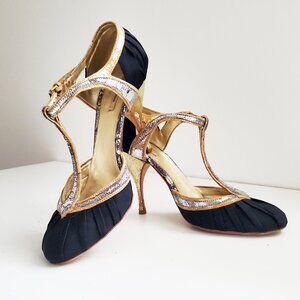 Miu Miu Gold Silver Metallic Mary Jane Heels Size 37.5